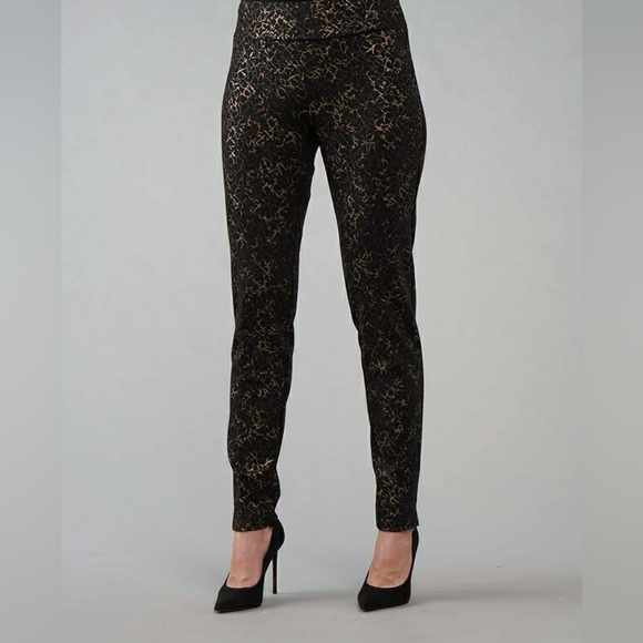 Carmen Marc Valvo Black Gold Crinkle Pull On Pant Slim Size 10 Dress Pants - Picture 9 of 9
